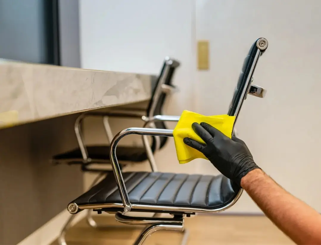 A person cleaning an office chair with yellow cloth.